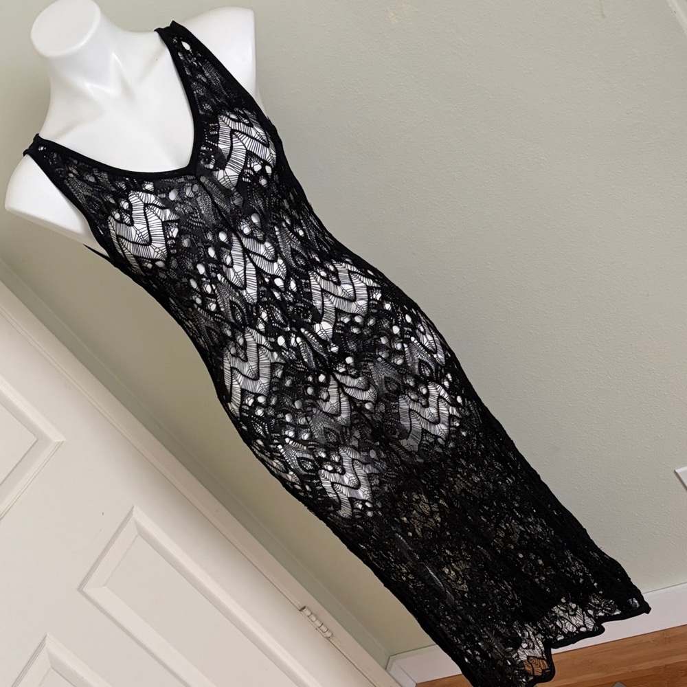 Eileen Fisher Black Crochet Dress with Grey silk slip
